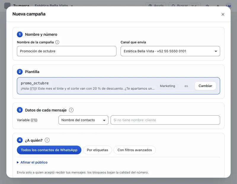 Pantalla «Mensajes masivos». Señalado con el número 5: con qué se llena la variable.