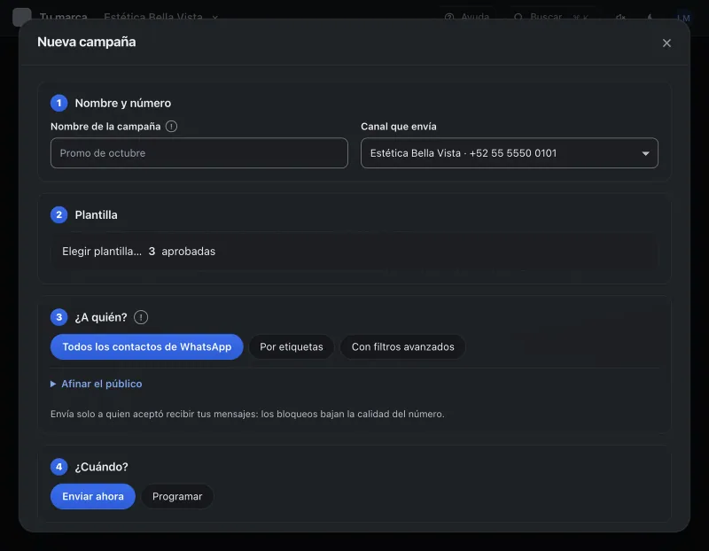Pantalla «Mensajes masivos». Señalado con el número 2: el nombre de la campaña.