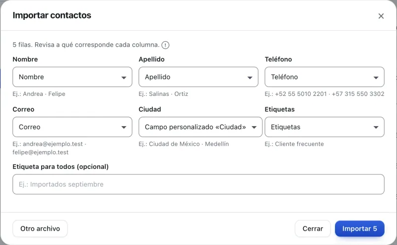 Ventana «Importar contactos». Señalado con el número 3: las columnas del archivo.