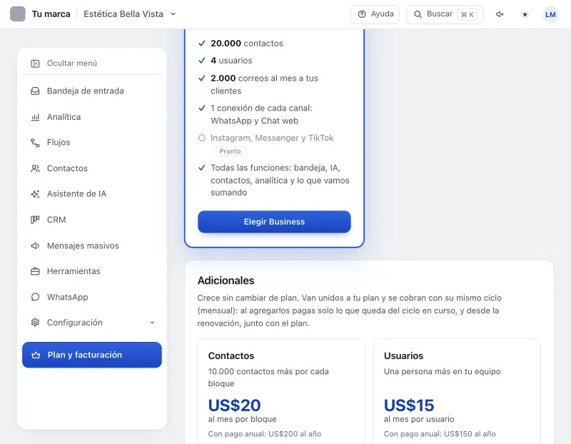 Pantalla «Plan y facturación». Señalado con el número 3: el botón del plan Business.