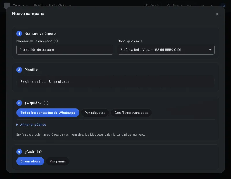 Pantalla «Mensajes masivos». Señalado con el número 3: el botón «Elegir plantilla…».