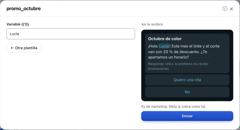 Ventana «promo_octubre». Señalado con el número 5: el botón «Enviar».