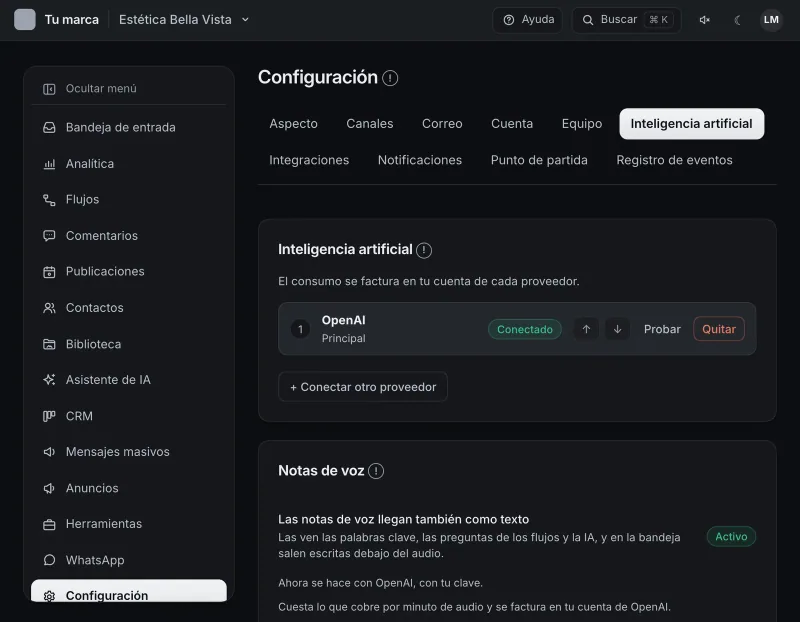 Pantalla «Configuración → Inteligencia artificial». Señalado con el número 1: el botón «+ Conectar otro proveedor».