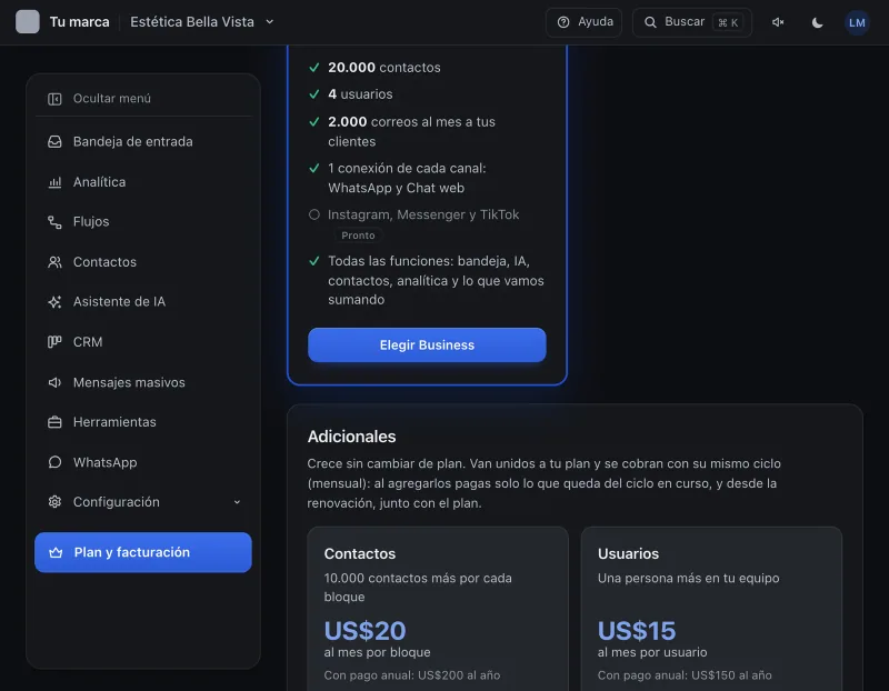 Pantalla «Plan y facturación». Señalado con el número 3: el botón del plan Business.