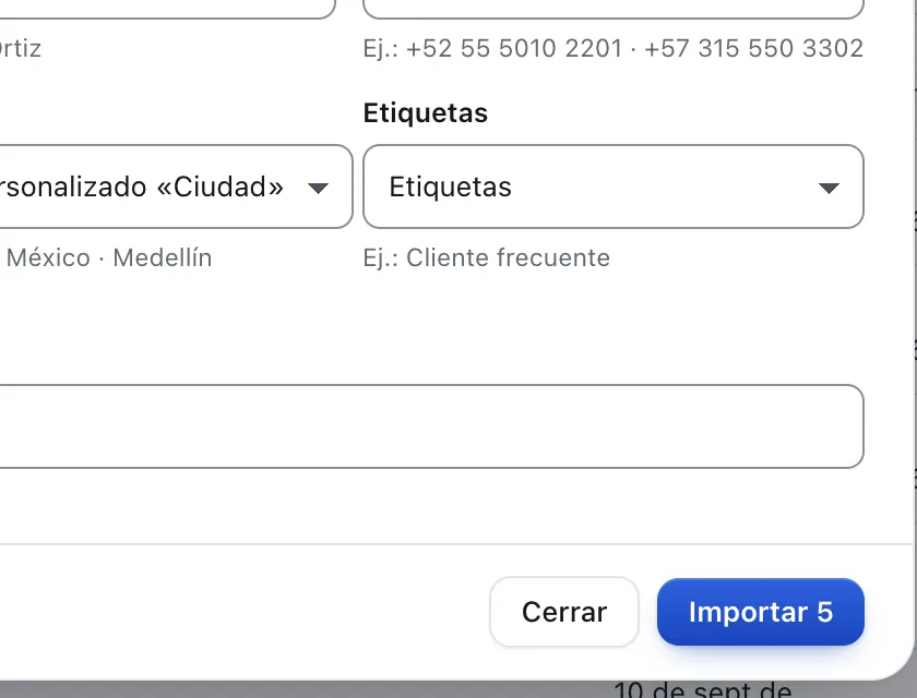 Ventana «Importar contactos». Señalado con el número 7: el botón «Importar».