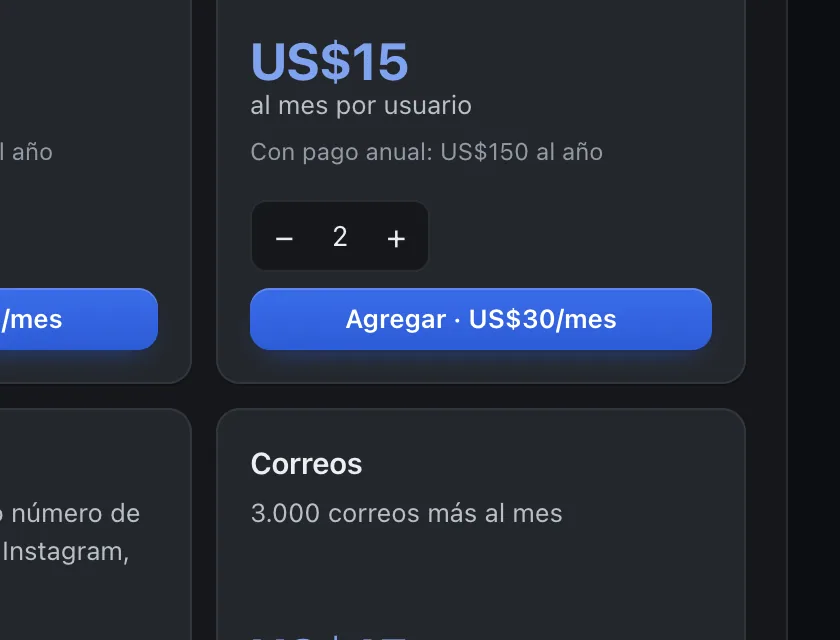 Pantalla «Plan y facturación». Señalado con el número 3: el botón «Agregar».