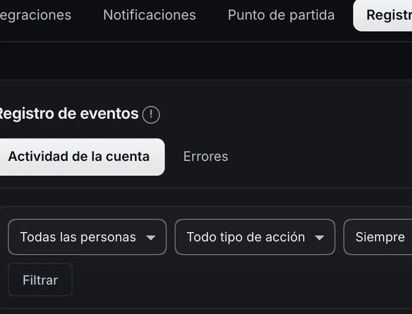 Pantalla «Configuración → Registro de eventos». Señalado con el número 3: el botón «Errores».