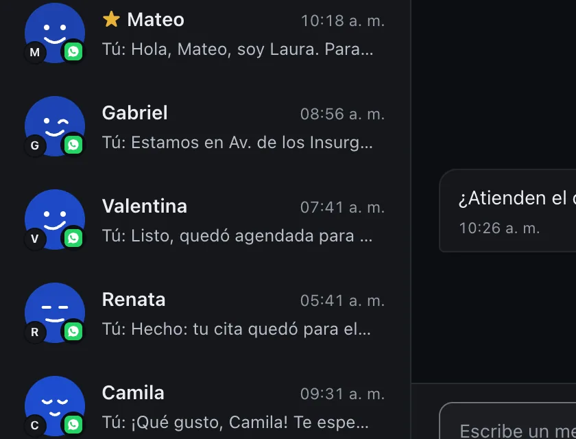 Pantalla «Bandeja de entrada». Señalado con el número 1: el chat de Valentina.