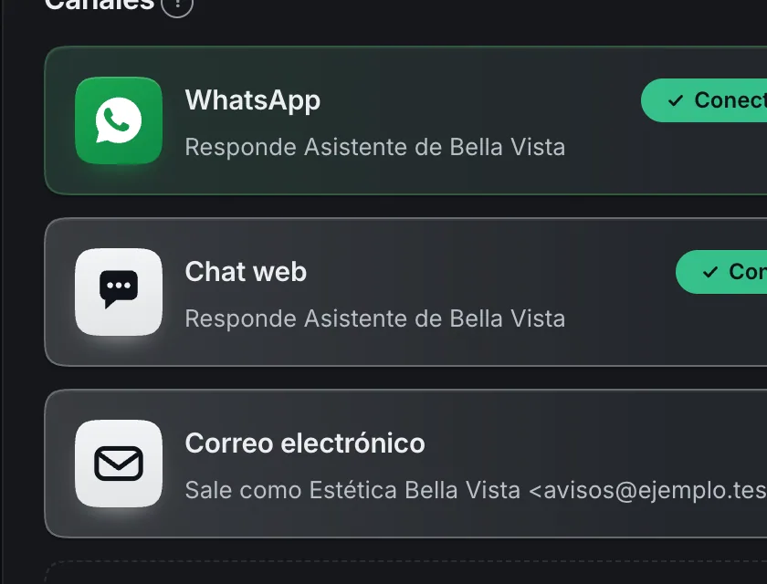 Pantalla «Configuración → Canales». Señalado con el número 1: la fila «Chat web».
