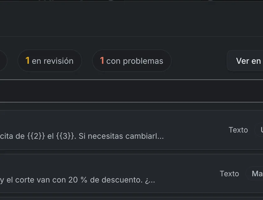 Ventana «Plantillas». Señalado con el número 2: el filtro «con problemas».