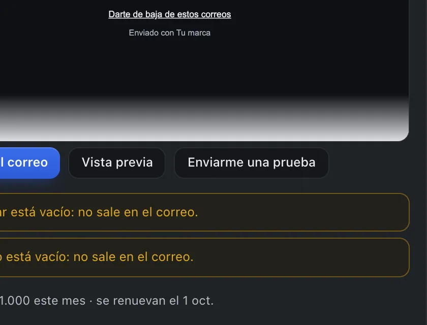 Pantalla «Editor de flujos». Señalado con el número 8: el botón «Enviarme una prueba».