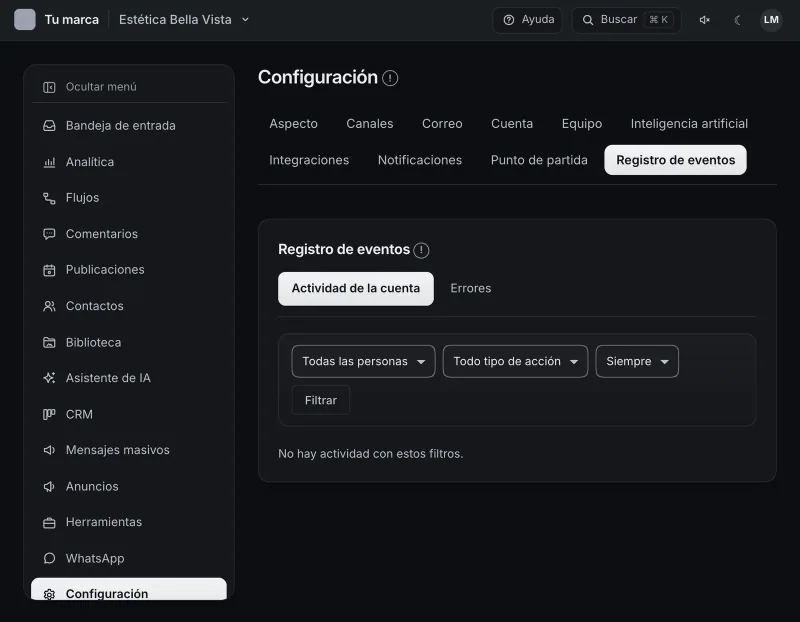 Pantalla «Configuración → Registro de eventos». Señalado con el número 1: la pestaña «Actividad de la cuenta».