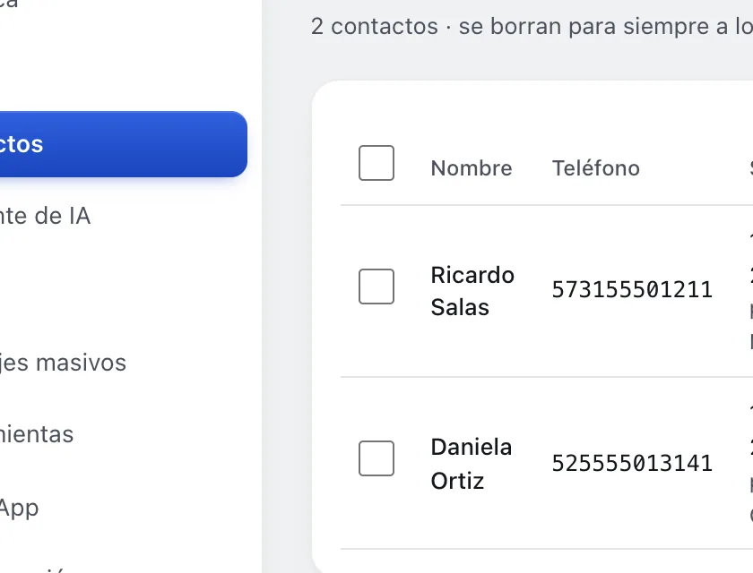 Pantalla «Contactos → Papelera». Señalado con el número 2: la casilla del contacto.