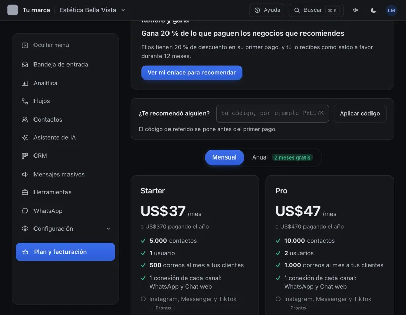Pantalla «Plan y facturación». Señalado con el número 2: la forma de pago.