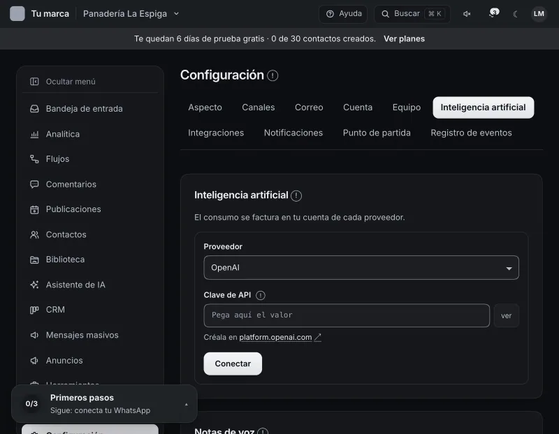 Pantalla «Configuración → Inteligencia artificial». Señalado con el número 3: el botón «Conectar».