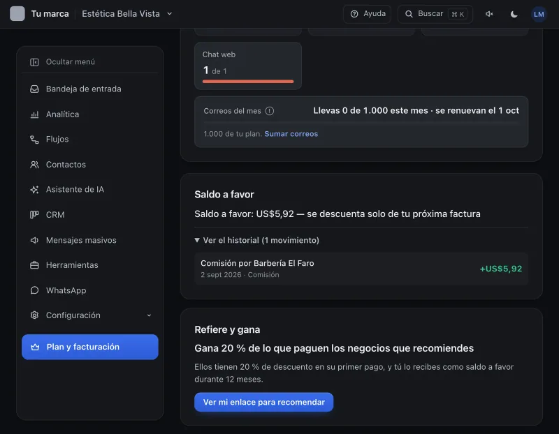 Pantalla «Plan y facturación». Señalado con el número 3: un movimiento del saldo.