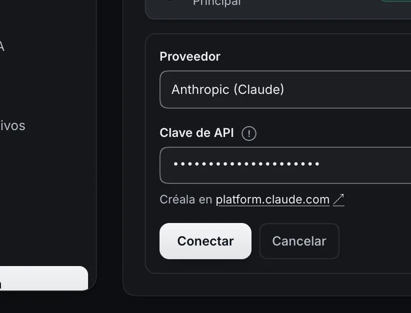 Pantalla «Configuración → Inteligencia artificial». Señalado con el número 4: el botón «Conectar».