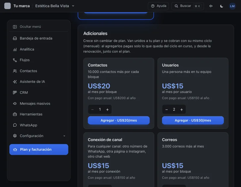 Pantalla «Plan y facturación». Señalado con el número 3: el botón «Agregar».