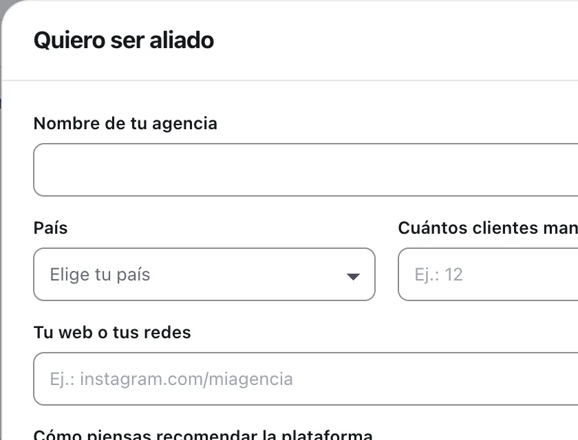 Ventana «Quiero ser aliado». Señalado con el número 3: el nombre de tu agencia.