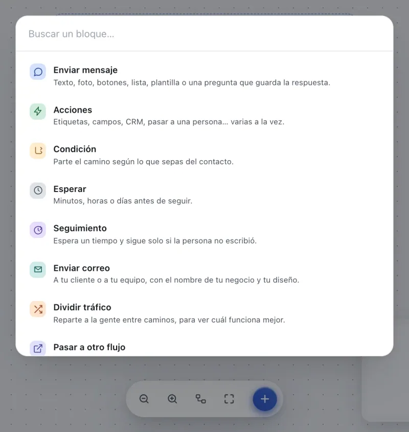 Pantalla «Editor de flujos». Señalado con el número 5: el buscador de bloques.
