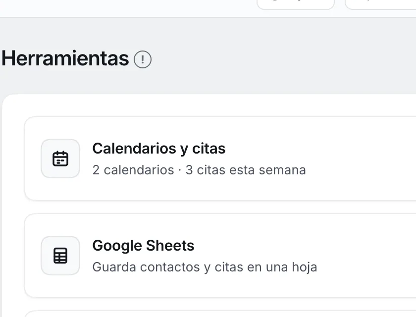 Pantalla «Herramientas». Señalado con el número 1: la tarjeta «Calendarios y citas».