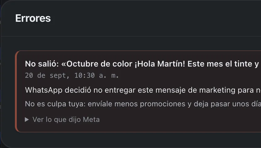 Ventana «Errores». Señalado con el número 5: «Detalle de Meta».