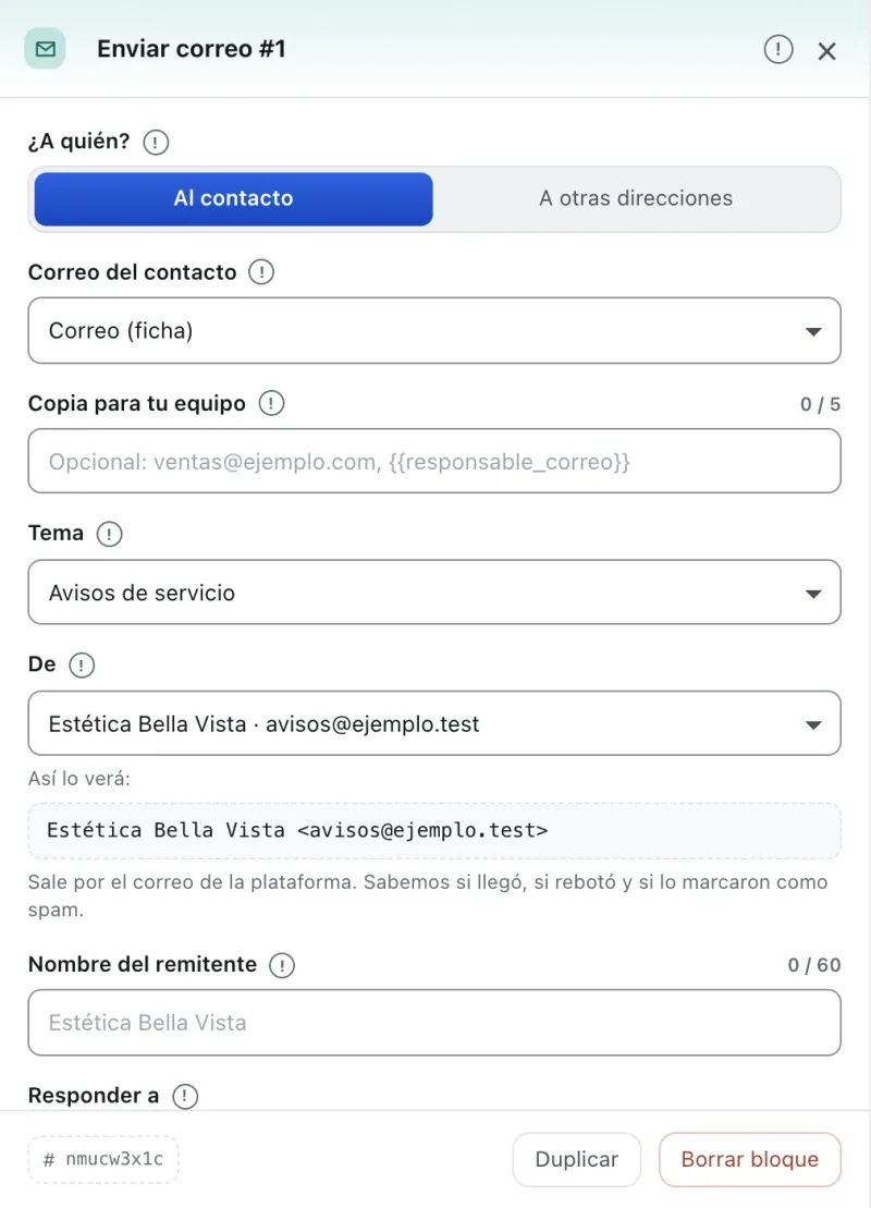 Pantalla «Editor de flujos». Señalado con el número 6: la opción «Al contacto».
