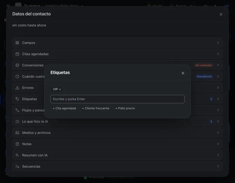 Pantalla «Bandeja de entrada». Señalado con el número 5: la caja para escribir una etiqueta.