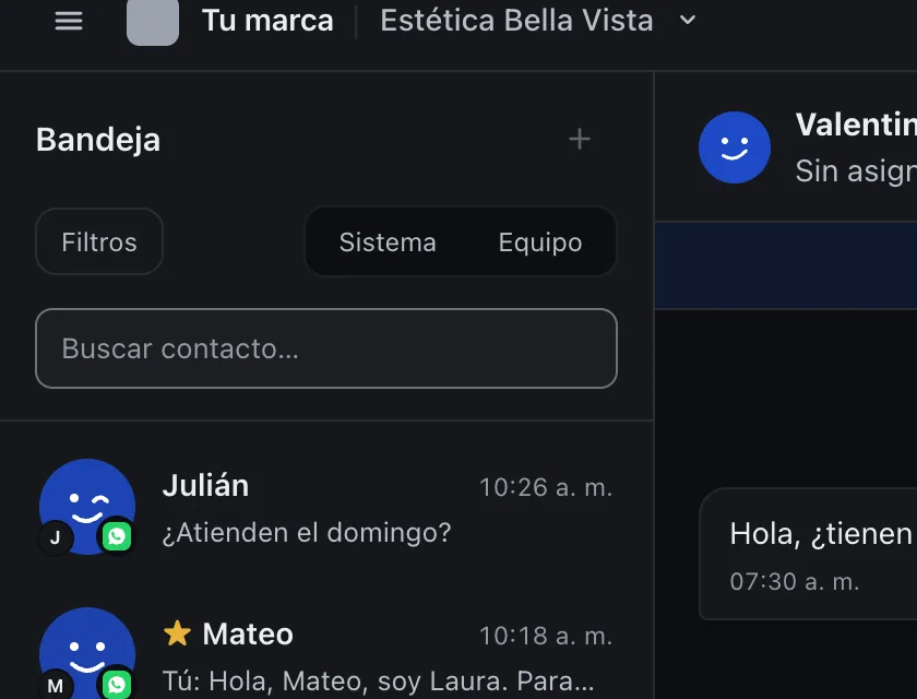Pantalla «Bandeja de entrada». Señalado con el número 3: la caja para buscar un contacto.