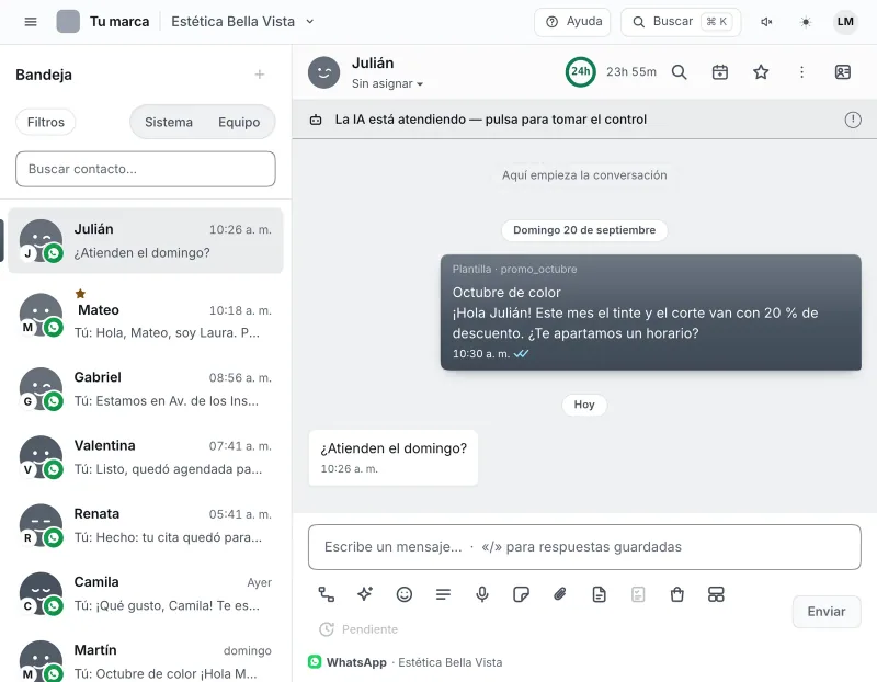 Pantalla «Bandeja de entrada». Señalado con el número 1: el botón «Equipo».
