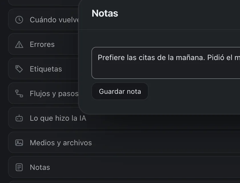 Pantalla «Bandeja de entrada». Señalado con el número 5: el botón «Guardar nota».