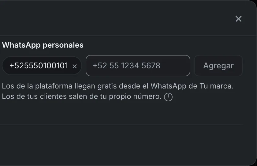 Ventana «A quién avisamos». Señalado con el número 3: la caja para un WhatsApp.