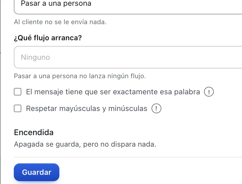 Ventana «Nueva palabra clave». Señalado con el número 4: la casilla «El mensaje tiene que ser exactamente esa palabra».